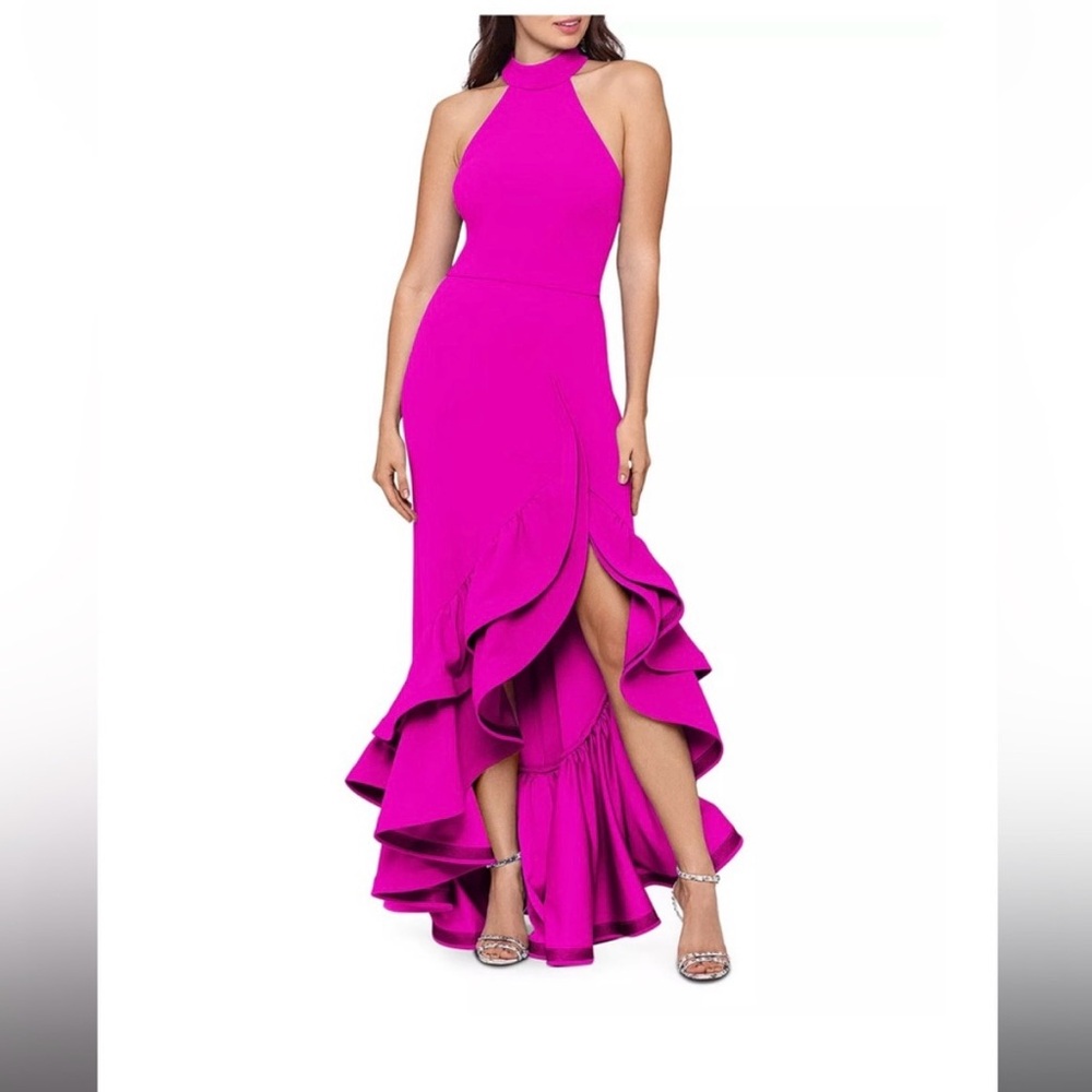 Aqua Vibrant Pink Ruffle Halter Dress